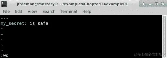 图 3.3 - 使用 vim 编辑器向新的 Ansible Vault 实例添加内容
