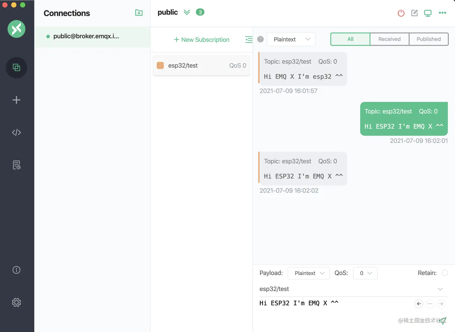 使用 MQTT X 客户端向 ESP32 发送消息
