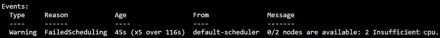 您将看到此 Pod 处于挂起状态的原因的详细信息，这是由于 CPU 不足造成的。