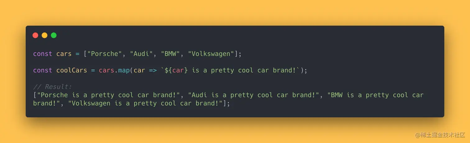 A JavaScript code block showing how the map method is used to create a new, modified array of the original one.
