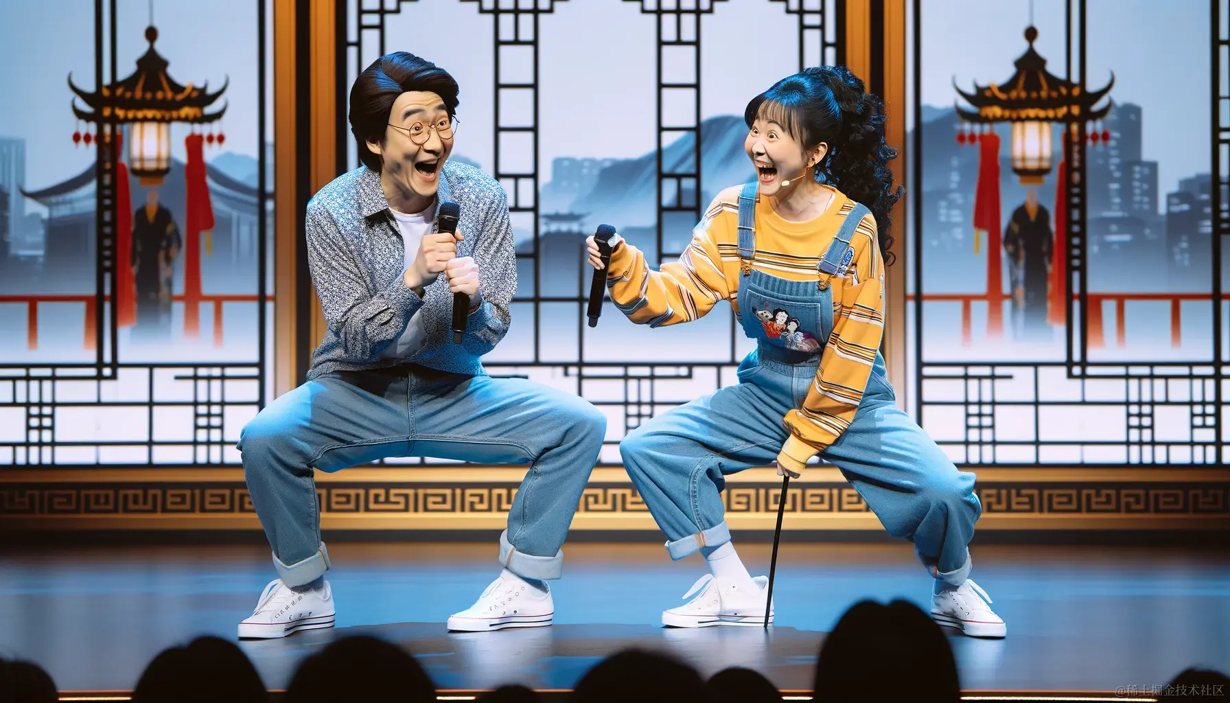 DALL·E 2023-12-19 10.20.38 - A humorous and entertaining skit performance on stage at the Chinese Spring Festival Gala. The scene shows two Asian performers, a man and a woman, dr.png