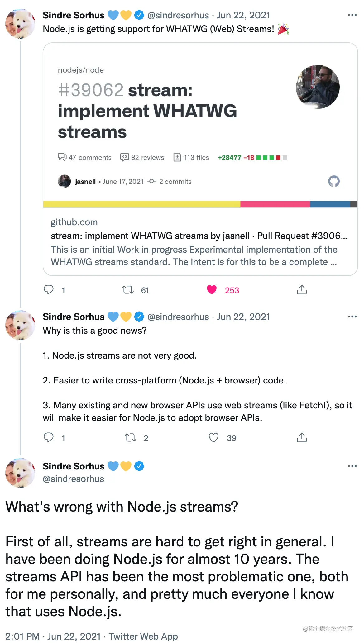 Node与Web Streams完全指南Stream(流)算是任何一个编程语言里最基础的API之一，但又是听起来简单又晦 - 掘金