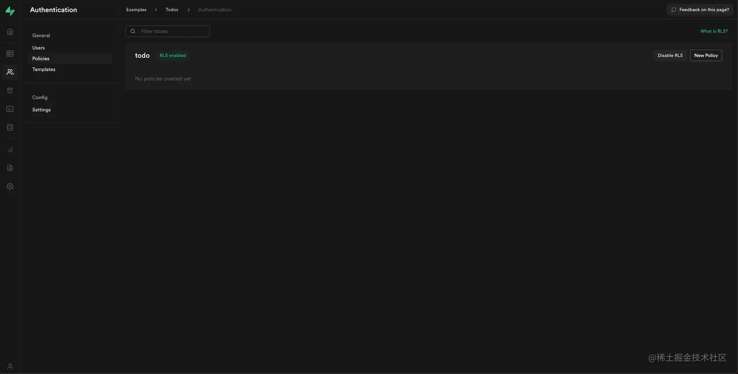 Supabase dashboard showing RLS enabled for todo table