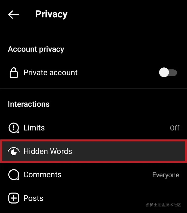 在隐私菜单 instagram 中找到隐藏的单词