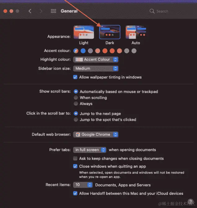图 13.14 – 在 macOS X 中更改系统外观为暗模式