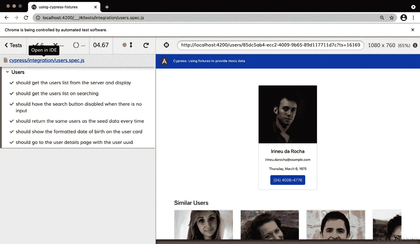 图 11.17 - 使用 Cypress fixtures 测试在 Cypress 中运行