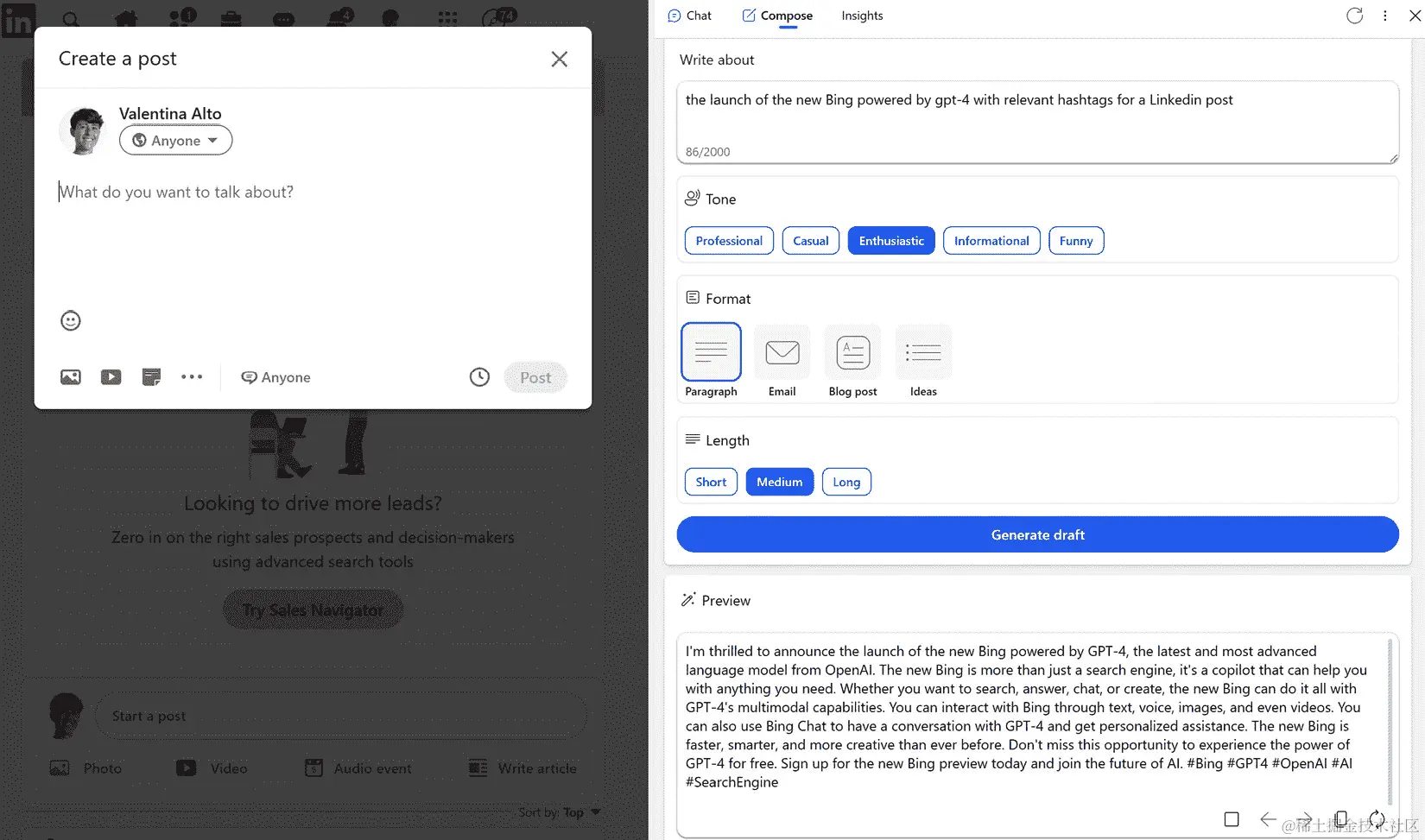 图 11.7 – 必应作为 LinkedIn 帖子助手的示例