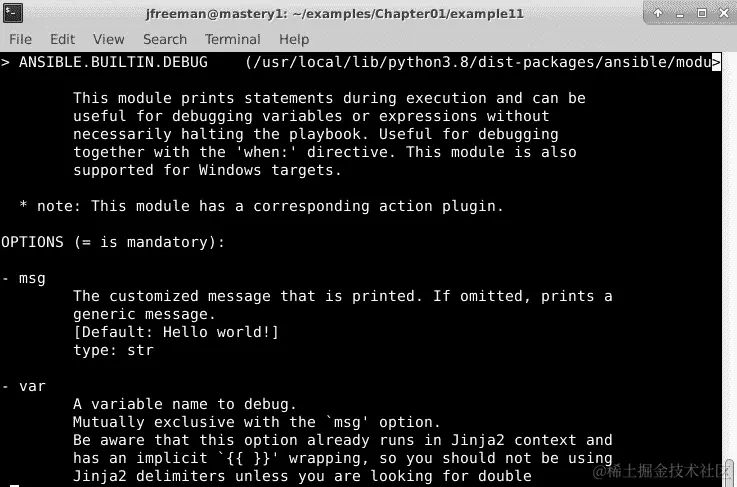 图 1.11 - 运行在 debug 模块上的 ansible-doc 命令的输出示例