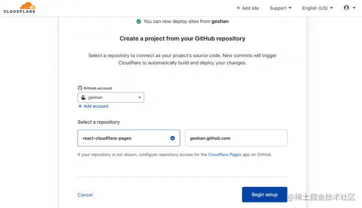 Screenshot of Cloudflare Pages after successful link to Github repository