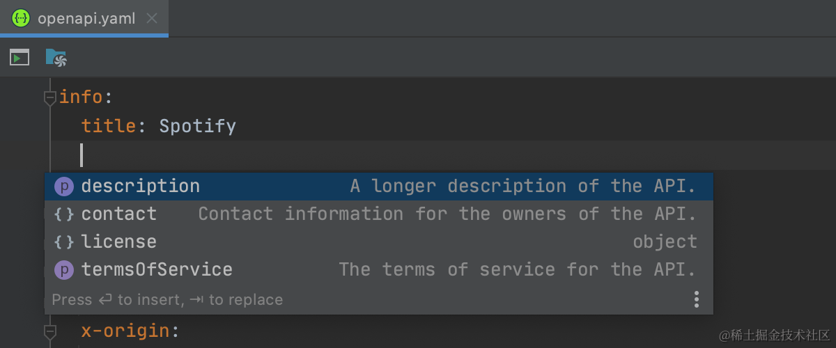 Completion suggestion for section names in OpenAPI file