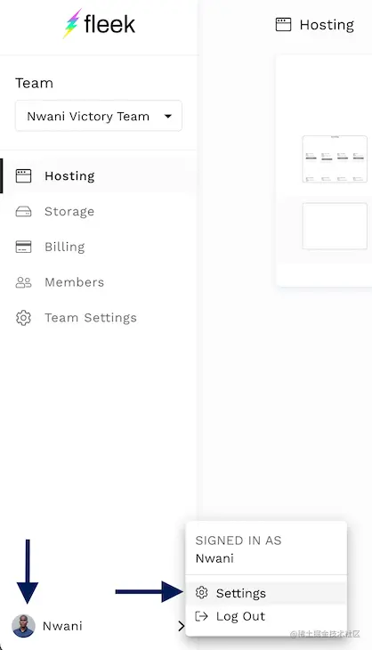Fleek Account Dashboard Showing Popup Menu From Right Control Panel