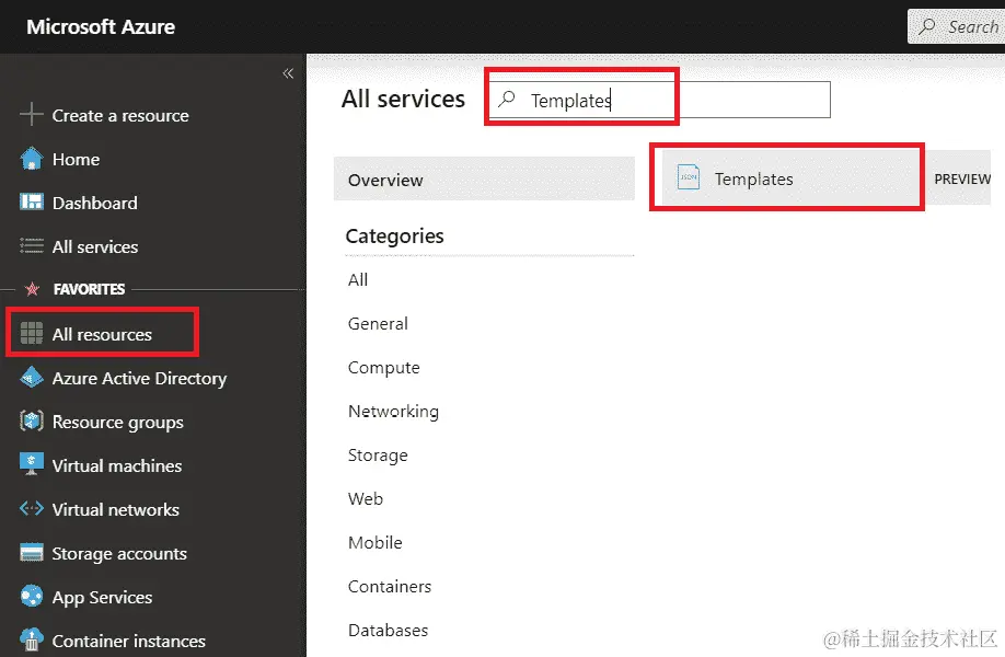 在 Azure 门户上导航到模板