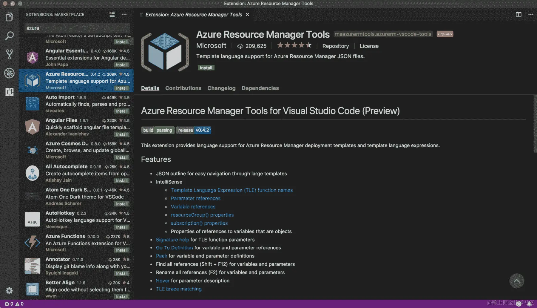 在 Visual Studio Code 上导航以安装 Azure 资源管理器工具