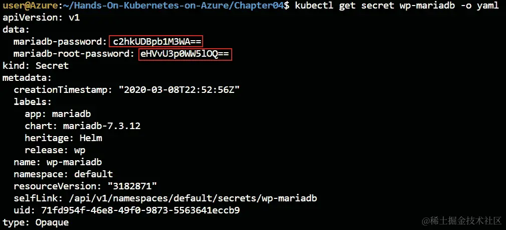 输出将显示 MariaDB 的密码和 root 密码的 base64 编码版本，我们需要更新容器图像。