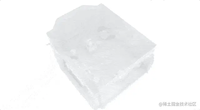 A GIF showing a 3D model of a room filled with chairs and accessories captured using NKSR.