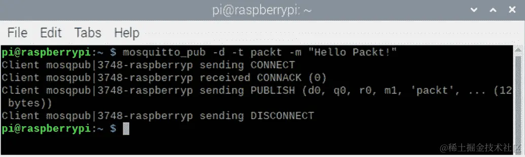 图 10.12 - 使用主题 packt 发布消息到 Mosquitto