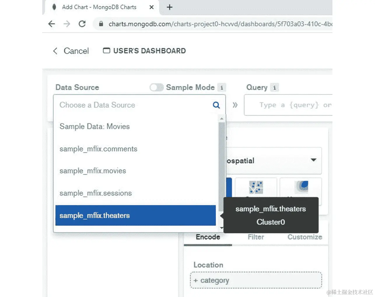 图 12.28：选择 sample_mflix.theaters 作为数据源