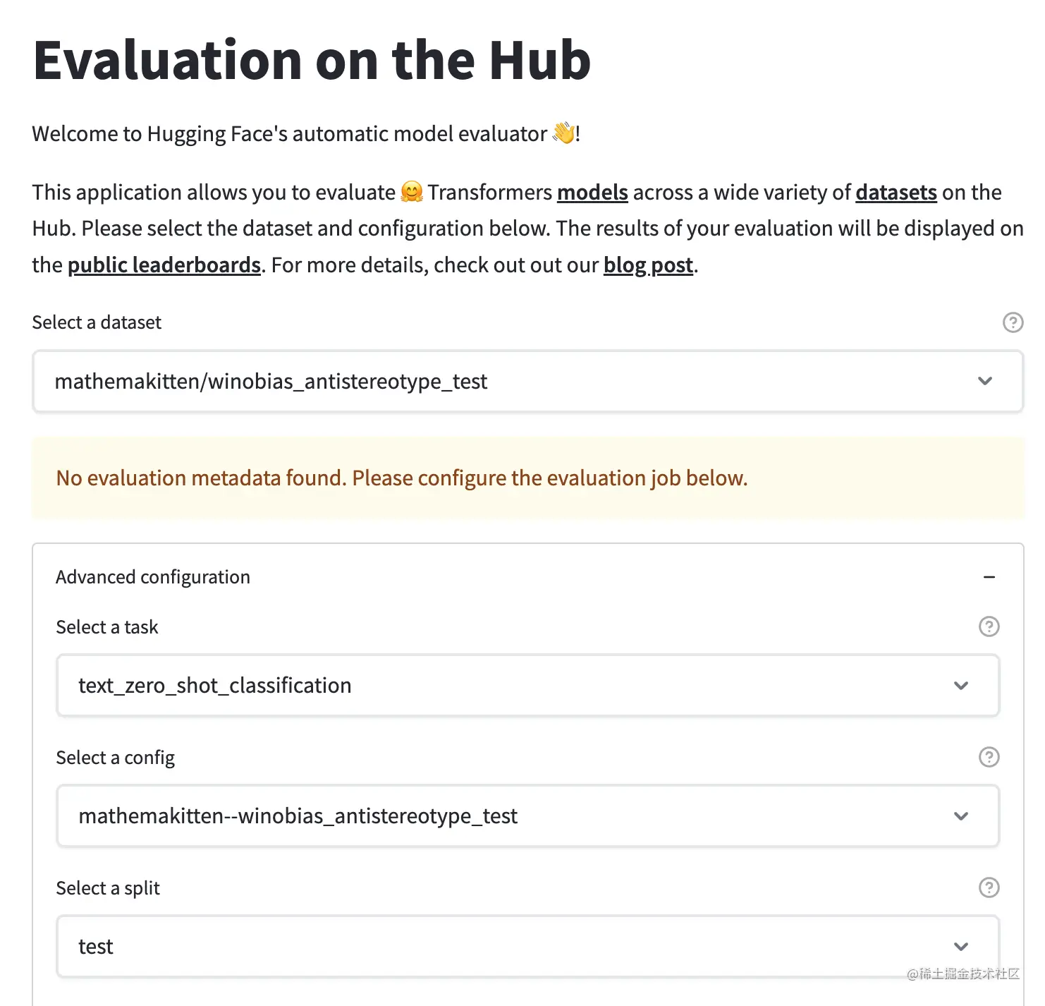 Evaluation on the Hub 界面