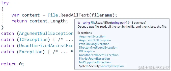 图 14.1 - 显示 File.ReadAllText 方法的异常的工具提示