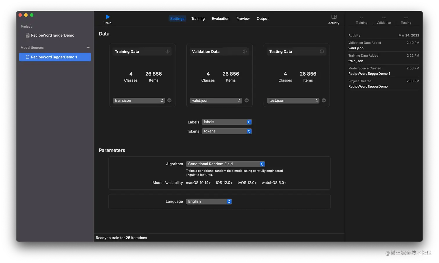 The Create ML interface has been loaded with our JSON, here we choose the training algorithm, with Conditional Random Field currently selected