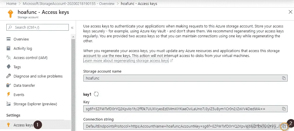 在左侧面板中导航到访问密钥选项卡并复制主连接字符串。