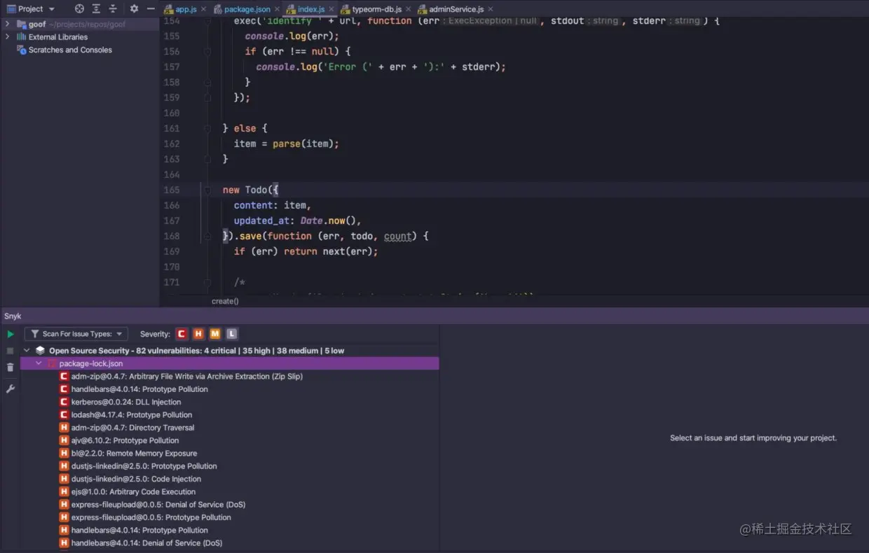 Snyk Open Source security scan results