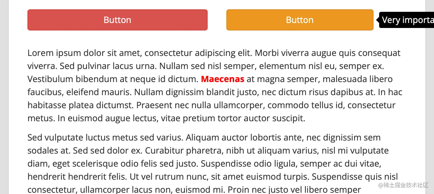 A red button and an orange button, both with CSS tooltips, sitting above two large paragraphs of text. The orange button is hovered, revealing a tooltip to the right of it but it is cut off by the edge of the viewport, making the content illegible.