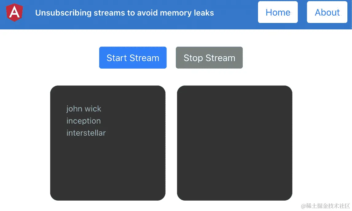 图 5.8 – rxjs-unsubscribing-streams 应用程序在 http://localhost:4200 上运行