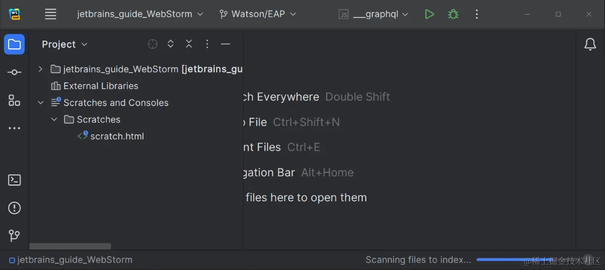 智能模式下的 Scanning files to index（正在扫描要建立索引的文件）