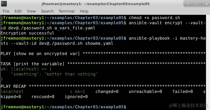 图 3.15–运行包含加密的 Ansible Vault 实例的简单 playbook