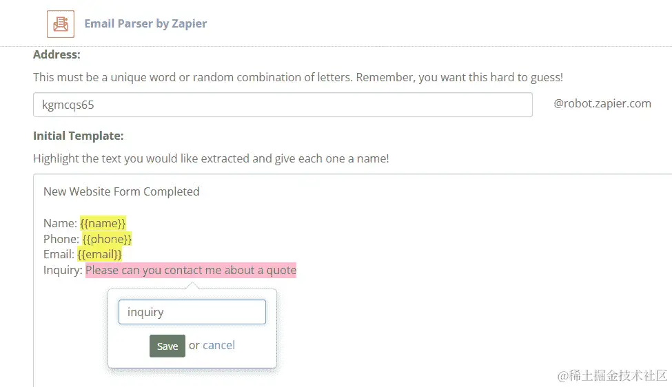 图 9.3 - 通过 Zapier 的邮箱地址和初始模板字段格式化邮件解析器