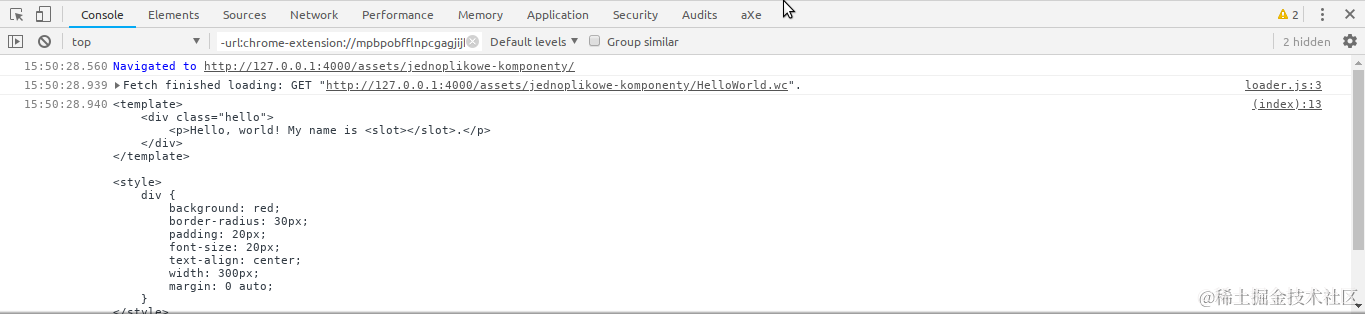 Chrome 的控制台显示 HelloWorld.wc 文件的提取已完成并将其内容显示为纯文本。