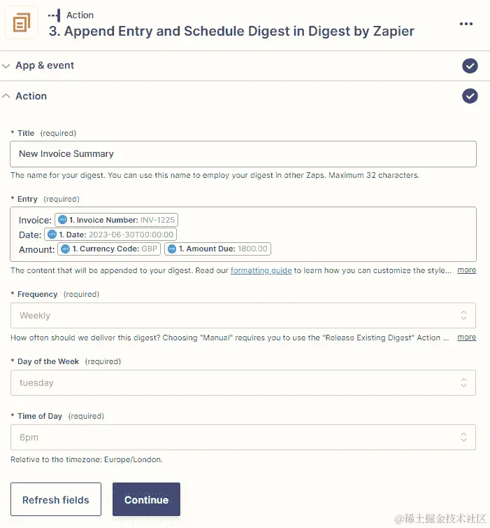 图 9.12 – 自定义每周频率字段选项概述在追加条目和安排摘要操作事件中