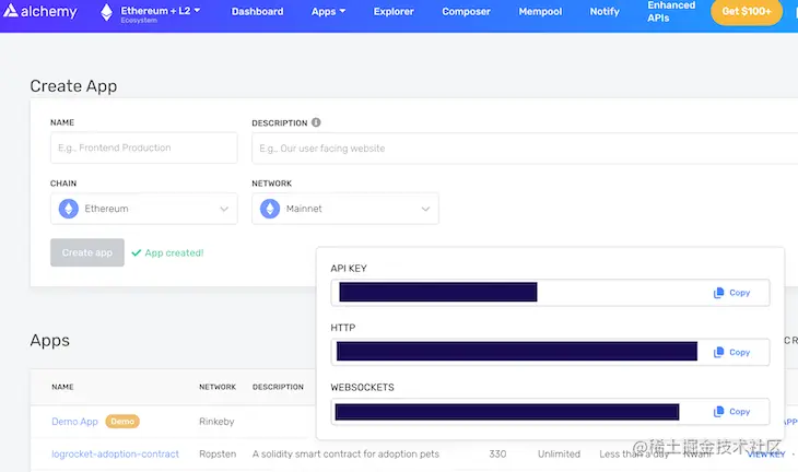 Alchemy Dashboard Showing Popup Box Containing App API Key And Other Info