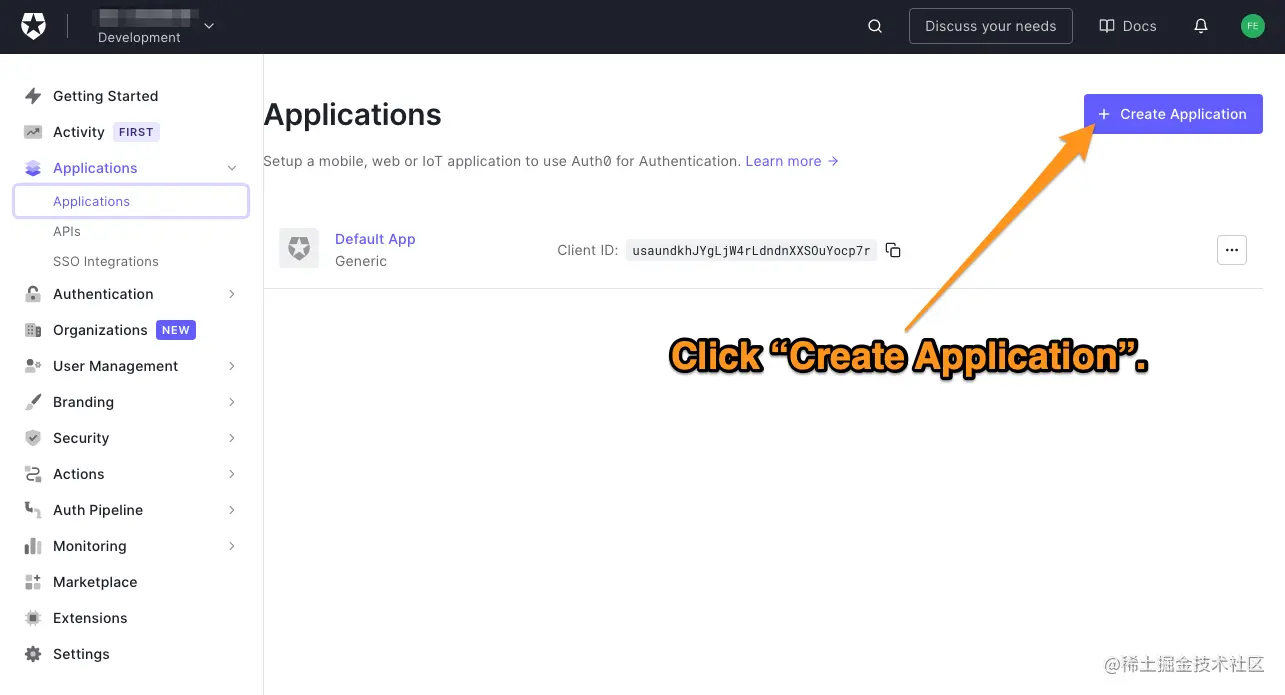 The main page of the Auth0 dashboard’s “Applications” page. The reader is directed to click the “Create Application” button.
