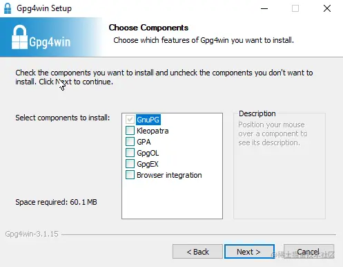 Gpg4win 安装程序上的选择组件屏幕，未选中所有其他组件。