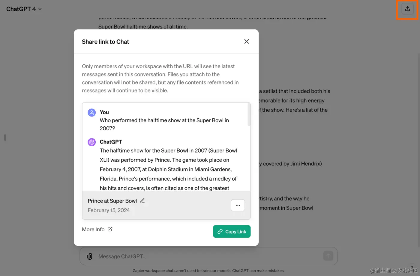 Popup with a link to share a ChatGPT conversation.
