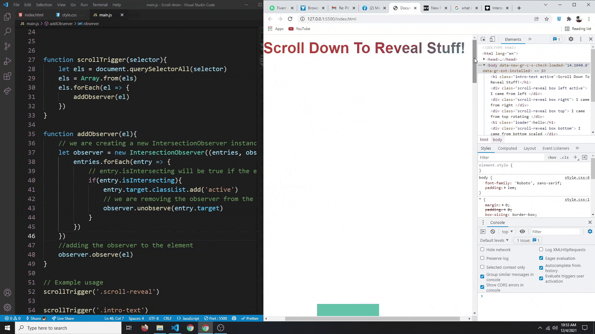Animated screenshot of the scroll-triggered animation with the code for it to the left and DevTools open on the right.