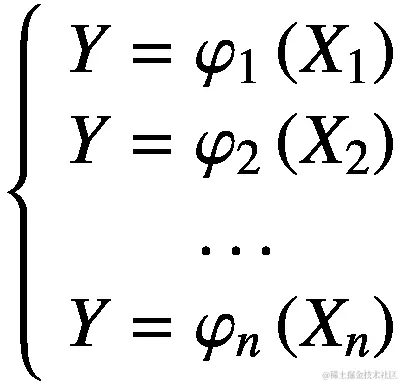 \left\{\begin{array}{c}Y={\varphi}_1\left({X}_1\right)\\ {}Y={\varphi}_2\left({X}_2\right)\\ {}\dots \\ {}Y={\varphi}_n\left({X}_n\right)\end{array}\right.