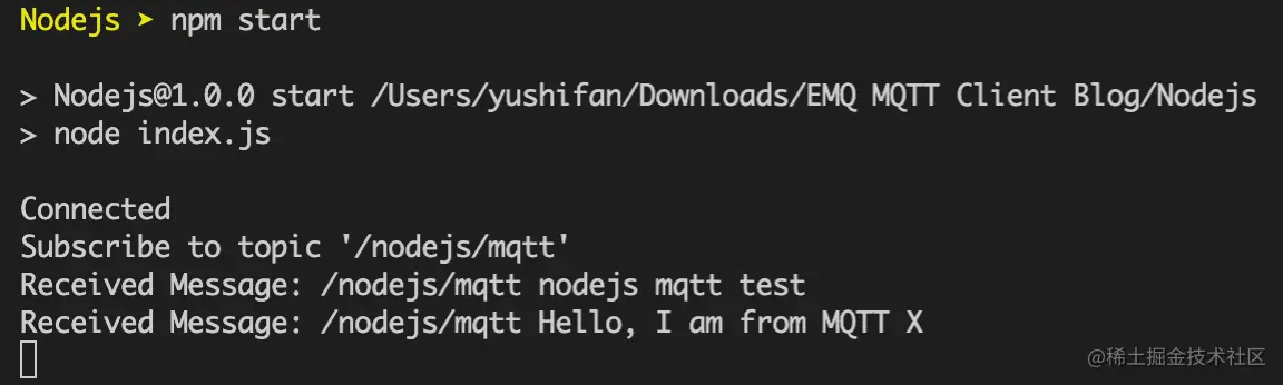 控制台接收到 MQTT X 发送的消息