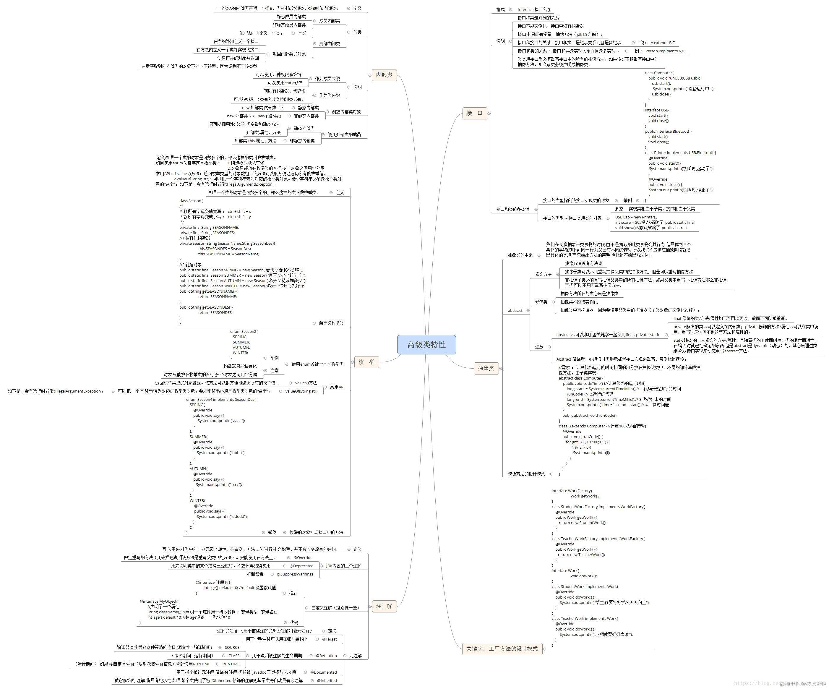  高级类特性：包含抽象类，接    口，内部类， 枚    举，注    解，工厂方法的设计模式。