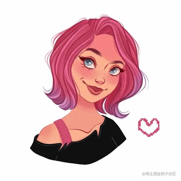 image of a shoulders up girl with bright pink hair, with a pink pixel heart next to her on the canvas