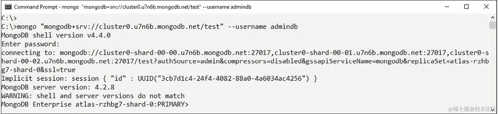 图 10.8：mongo shell 中连接字符串的示例