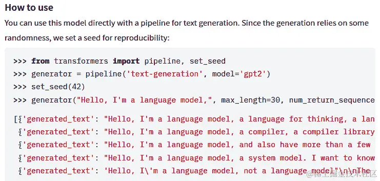 图 2.14 – 来自 Hugging Face GPT-2 页面的文本生成代码示例 