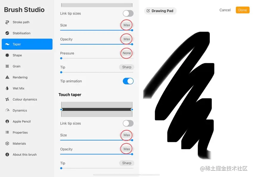 screenshot of the taper section with various values circled in red
