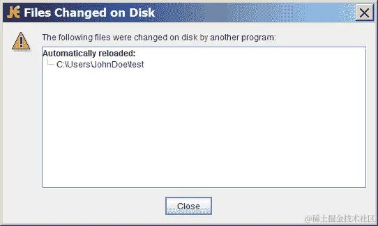 示例 jEdit 对话框显示：以下文件已被另一个程序更改。