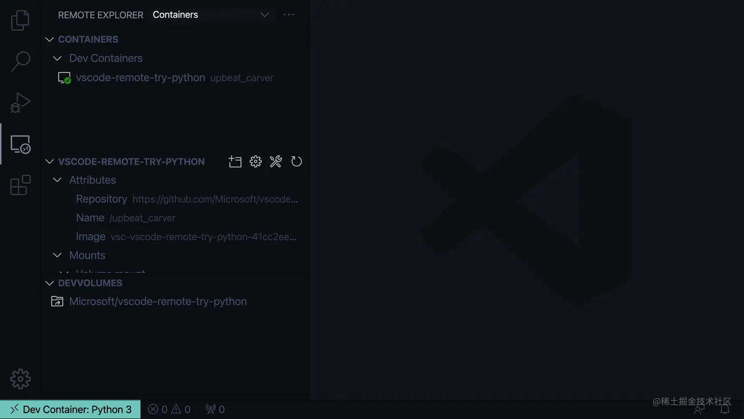VS Code 中的远程资源管理器面板显示正在运行的开发容器