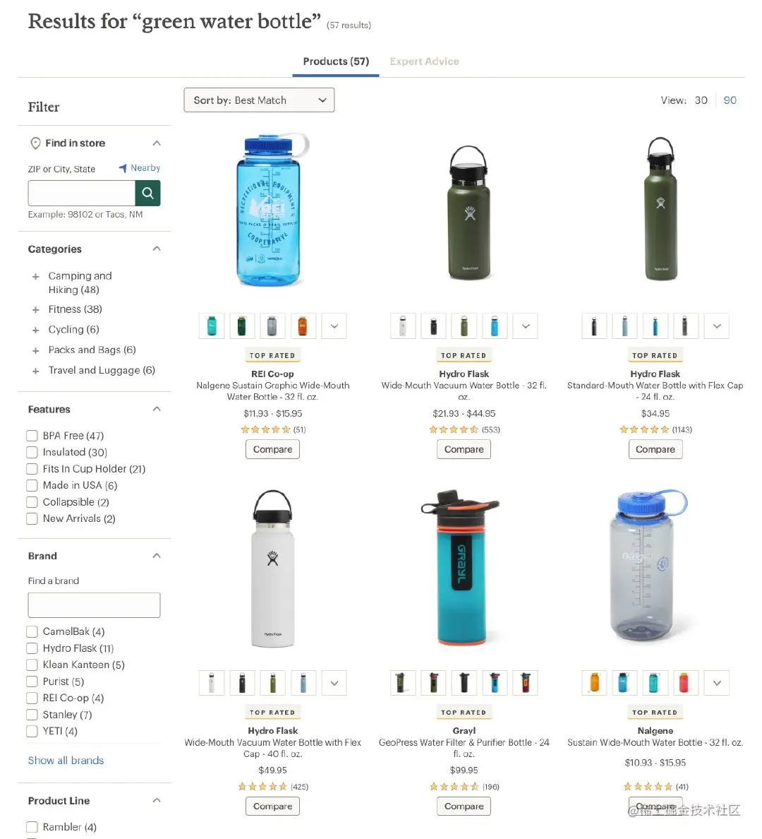 REI 网站上显示的大多数水瓶都是绿色的，但它们的图像并不总是与查询中的颜色相匹配。