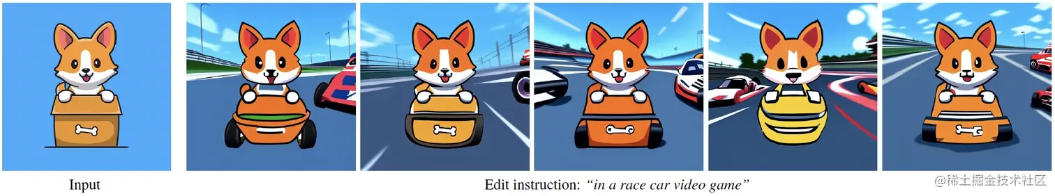 By varying the latent noise, our model can produce many possible image edits for the same input image and instruction
