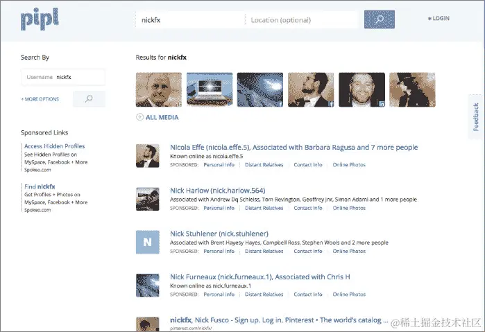 显示一个使用 pipl.com 的 Twitter 账号“nickfx”的屏幕截图，显示了使用他们账号的人的照片列表以及他们的个人资料。